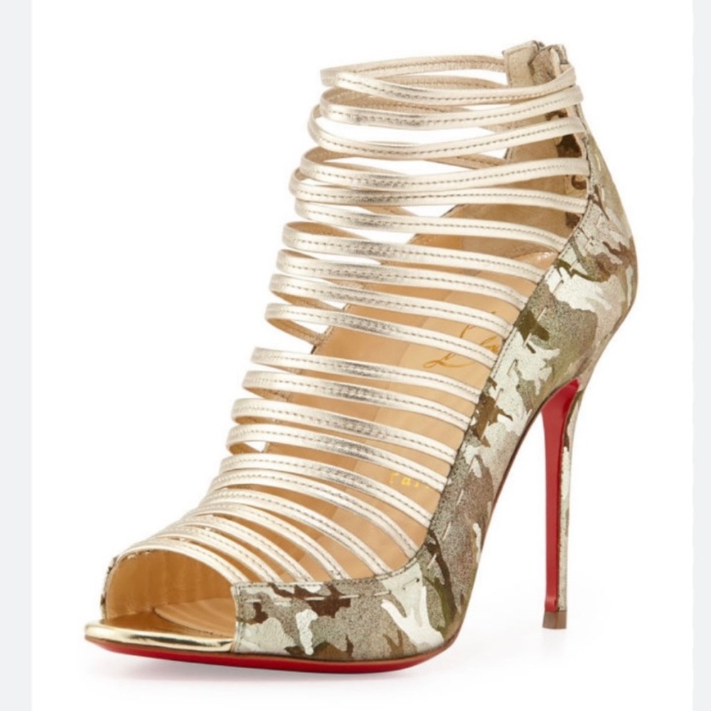 Authentic Christian Louboutin Camo 38.5 Gortika strappy metallic open toe heels